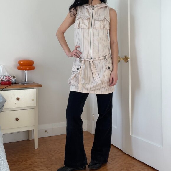 Vintage Y2k Cargo Hooded Zip Up Drop Waist Pocket Dress - Picture 2 of 8